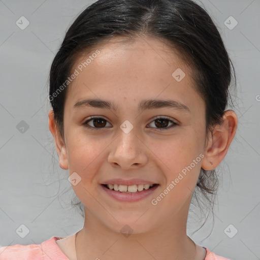 Joyful white child female with medium  brown hair and brown eyes