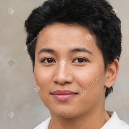 Joyful asian young-adult female with short  brown hair and brown eyes