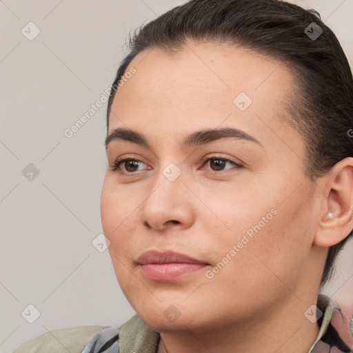 Neutral white young-adult female with short  brown hair and brown eyes