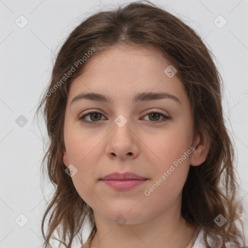 Neutral white young-adult female with medium  brown hair and brown eyes