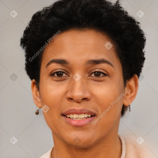 Joyful latino young-adult female with short  brown hair and brown eyes