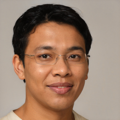 Joyful latino adult male with short  brown hair and brown eyes