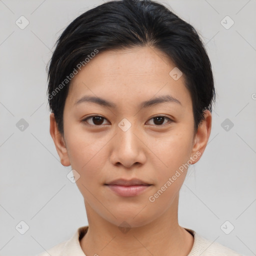 Neutral asian young-adult female with short  black hair and brown eyes