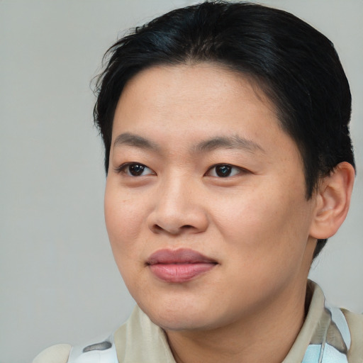 Joyful asian young-adult male with short  brown hair and brown eyes