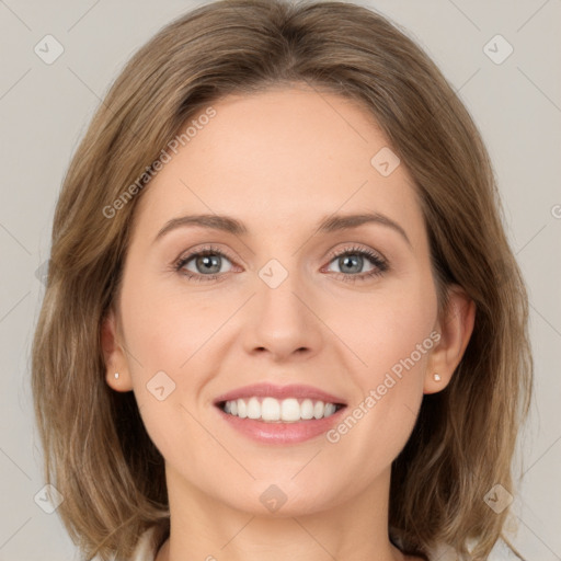 Joyful white young-adult female with medium  brown hair and grey eyes