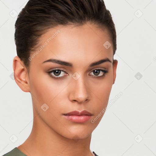 Neutral white young-adult female with short  brown hair and brown eyes