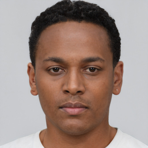 Neutral black young-adult male with short  black hair and brown eyes