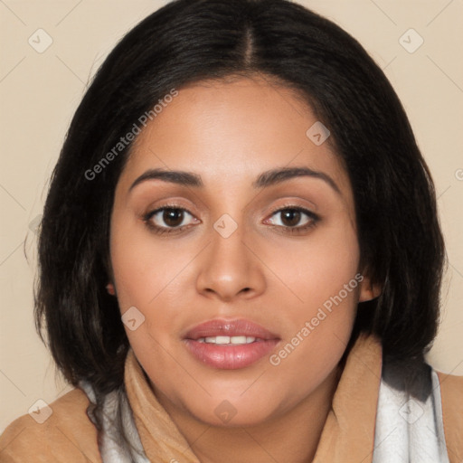 Joyful latino young-adult female with medium  black hair and brown eyes