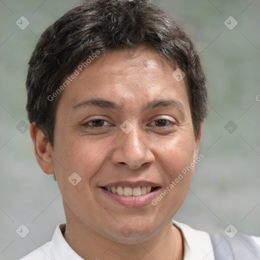 Joyful white adult female with short  brown hair and brown eyes