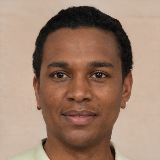 Neutral black young-adult male with short  black hair and brown eyes
