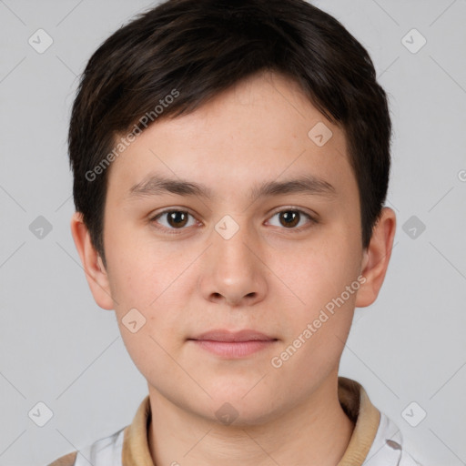 Neutral white young-adult male with short  brown hair and brown eyes