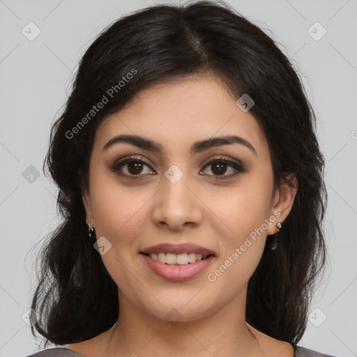 Joyful latino young-adult female with medium  black hair and brown eyes