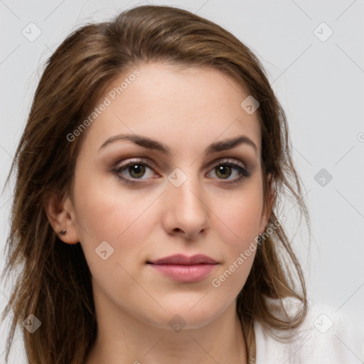 Neutral white young-adult female with long  brown hair and brown eyes