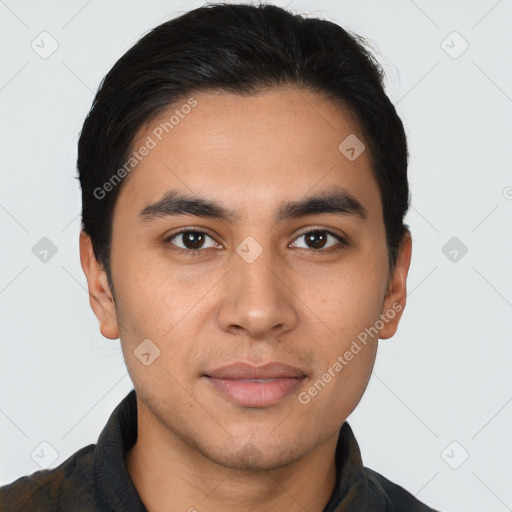 Joyful latino young-adult male with short  brown hair and brown eyes