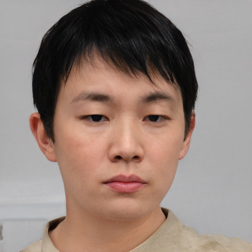 Neutral asian young-adult male with short  brown hair and brown eyes