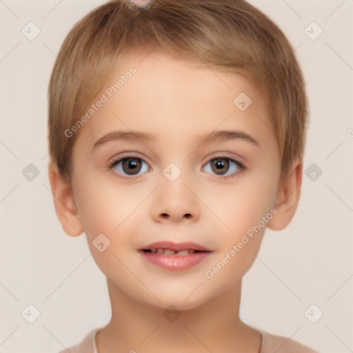 Joyful white child female with short  brown hair and brown eyes