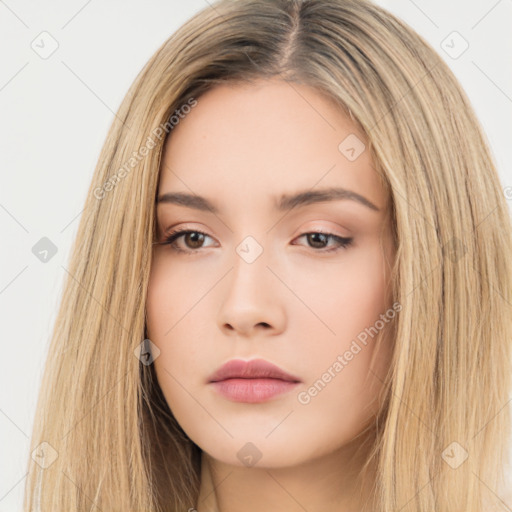 Neutral white young-adult female with long  brown hair and brown eyes