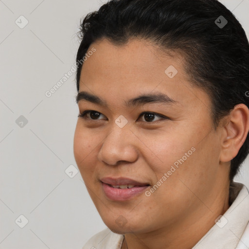 Joyful white young-adult female with short  brown hair and brown eyes