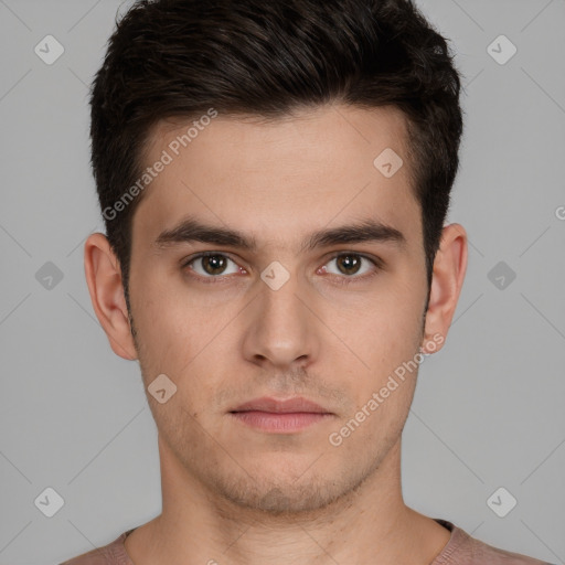 Neutral white young-adult male with short  brown hair and brown eyes