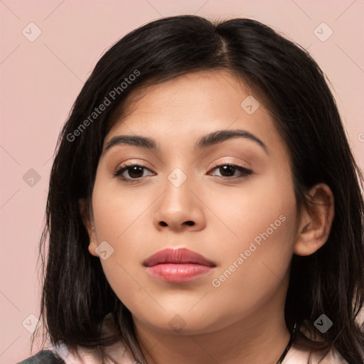 Neutral white young-adult female with medium  brown hair and brown eyes