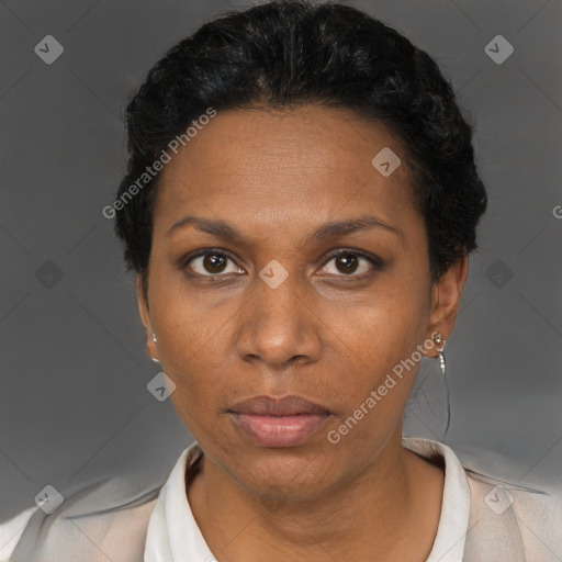 Neutral black adult female with short  black hair and brown eyes