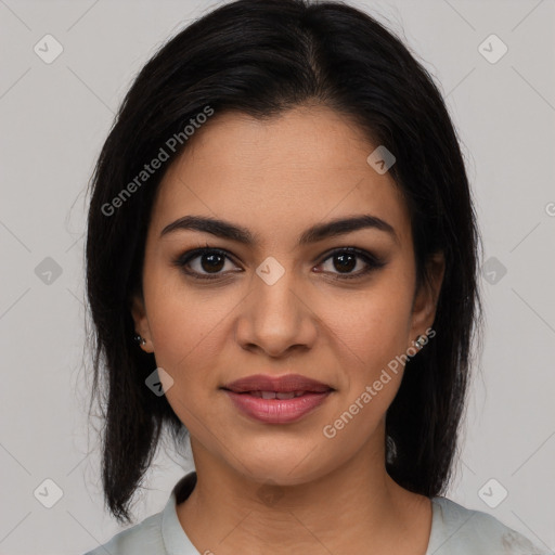 Joyful latino young-adult female with medium  brown hair and brown eyes