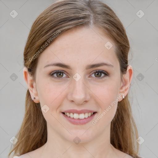 Joyful white young-adult female with long  brown hair and grey eyes