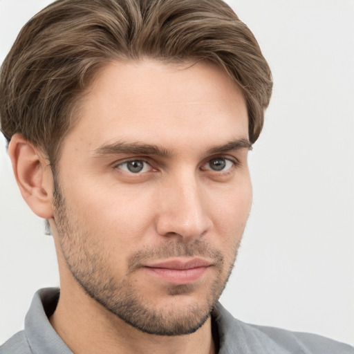 Neutral white young-adult male with short  brown hair and brown eyes