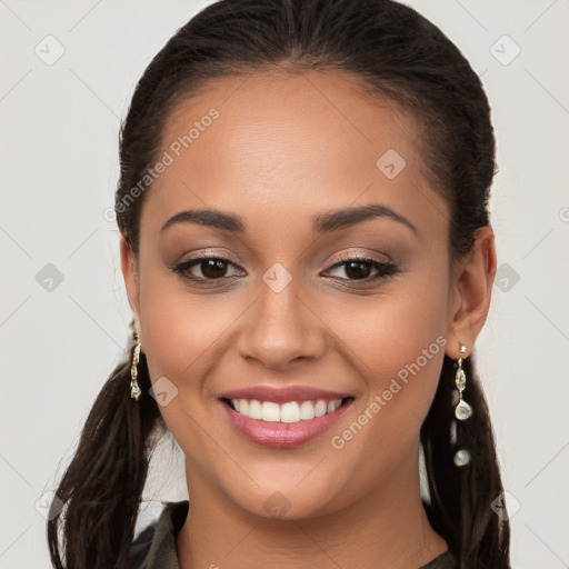 Joyful white young-adult female with long  brown hair and brown eyes