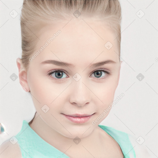 Joyful white child female with short  brown hair and grey eyes