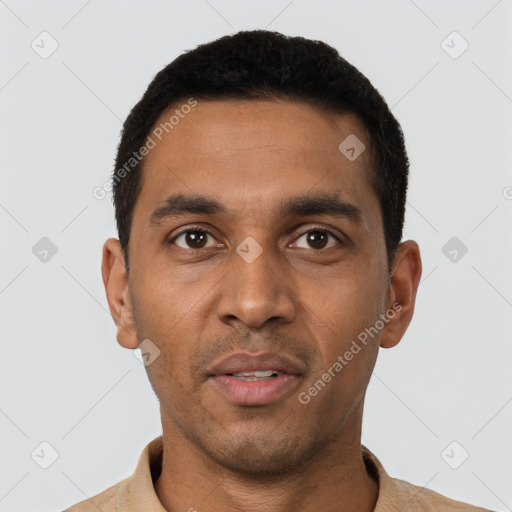 Neutral latino young-adult male with short  black hair and brown eyes