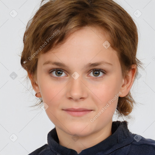 Joyful white child female with medium  brown hair and brown eyes