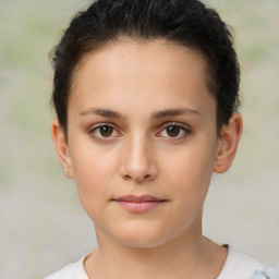 Neutral white young-adult female with short  brown hair and brown eyes