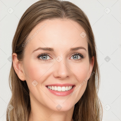 Joyful white young-adult female with long  brown hair and grey eyes