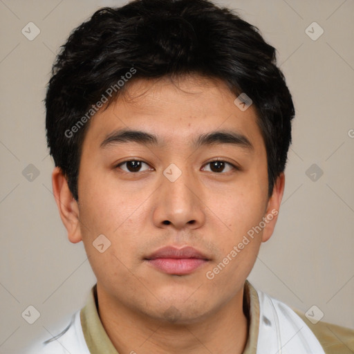 Neutral asian young-adult male with short  brown hair and brown eyes