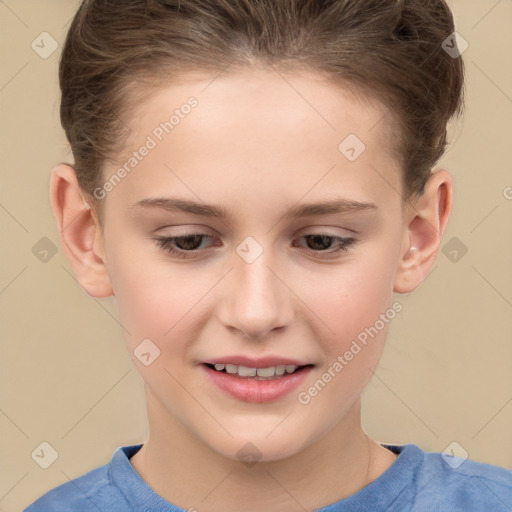 Joyful white child female with short  brown hair and brown eyes