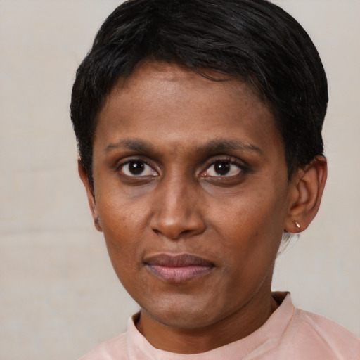 Neutral black young-adult female with short  brown hair and brown eyes