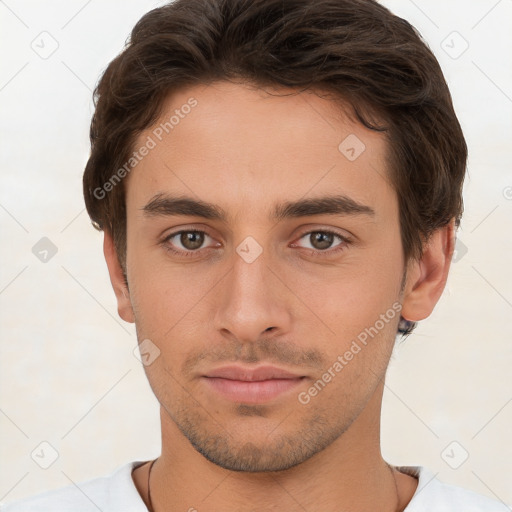 Neutral white young-adult male with short  brown hair and brown eyes