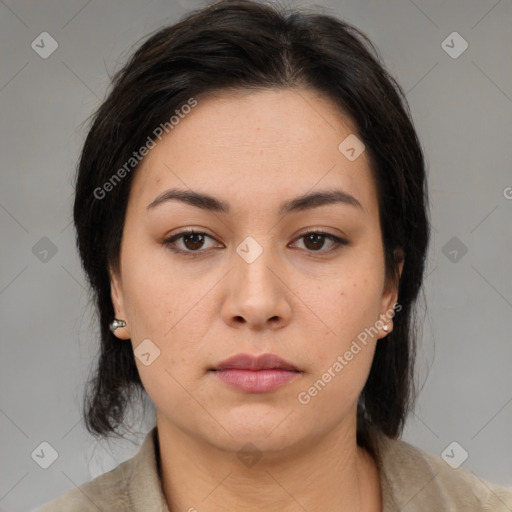 Neutral asian young-adult female with medium  brown hair and brown eyes