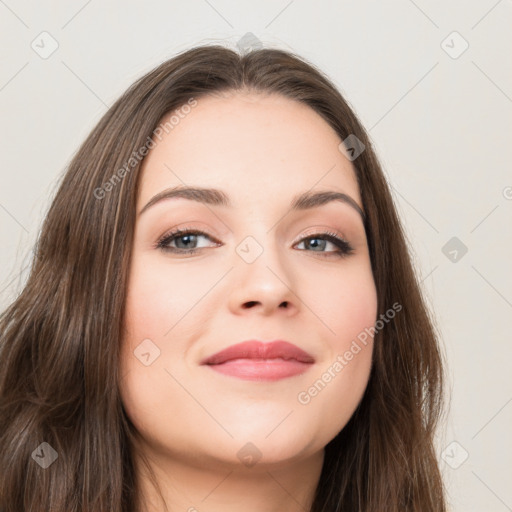 Neutral white young-adult female with long  brown hair and brown eyes