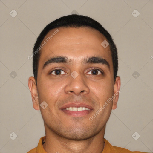 Neutral white young-adult male with short  brown hair and brown eyes