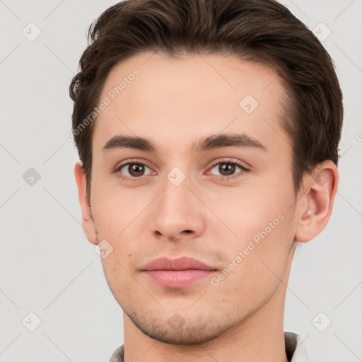 Neutral white young-adult male with short  brown hair and brown eyes