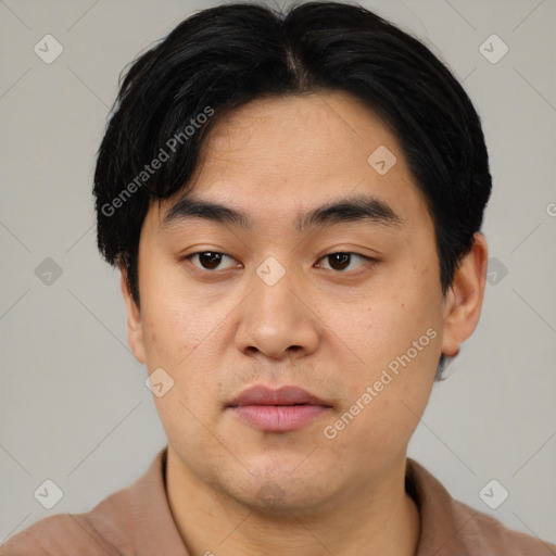 Neutral asian young-adult male with short  black hair and brown eyes