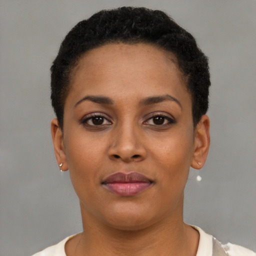 Neutral black young-adult female with short  brown hair and brown eyes
