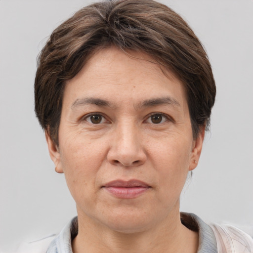 Joyful white adult female with short  brown hair and grey eyes
