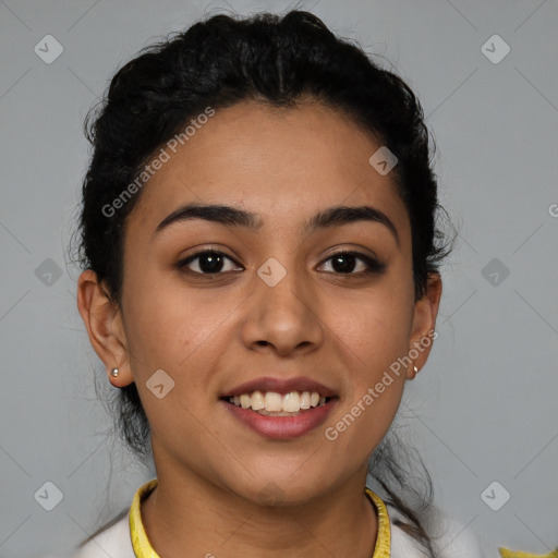 Joyful latino young-adult female with short  brown hair and brown eyes