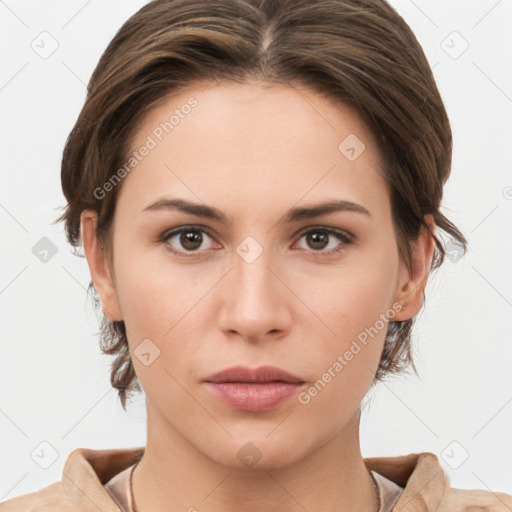 Neutral white young-adult female with medium  brown hair and brown eyes