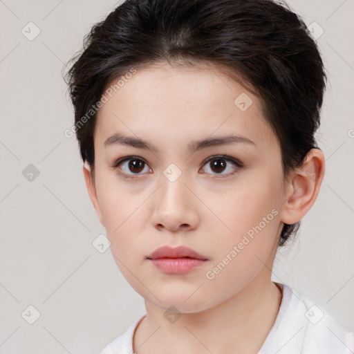 Neutral white young-adult female with short  brown hair and brown eyes