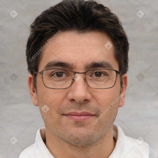 Joyful white adult male with short  brown hair and brown eyes