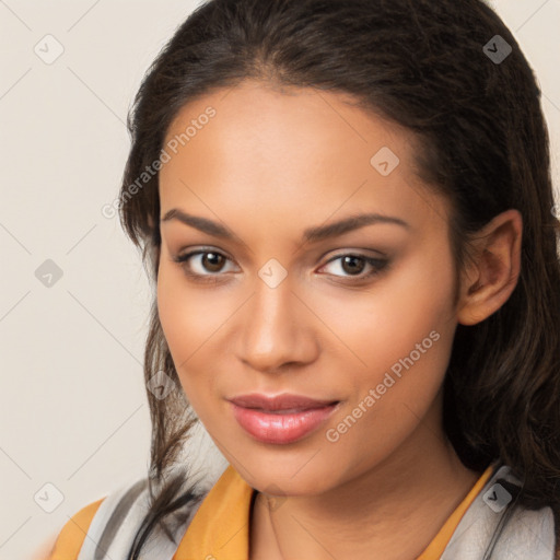 Joyful latino young-adult female with long  brown hair and brown eyes